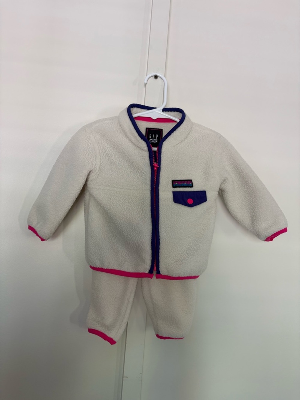 Vintage GAP Cozy Fleece Jacket & Pants Set - Cream with Pink Trim - 6-12 months